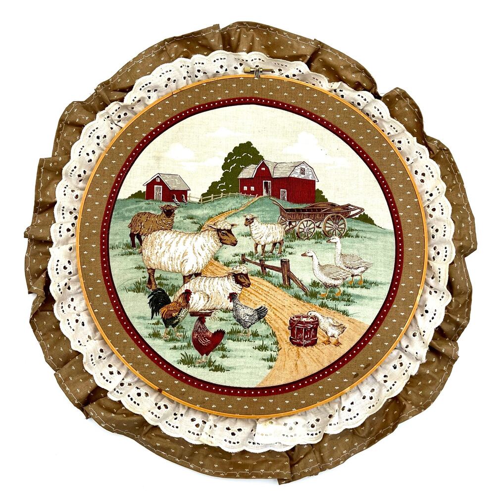 Vintage Cranston VIP Farm Fabric Wall Hanging Hoop Art Lace 90s Country Cottage